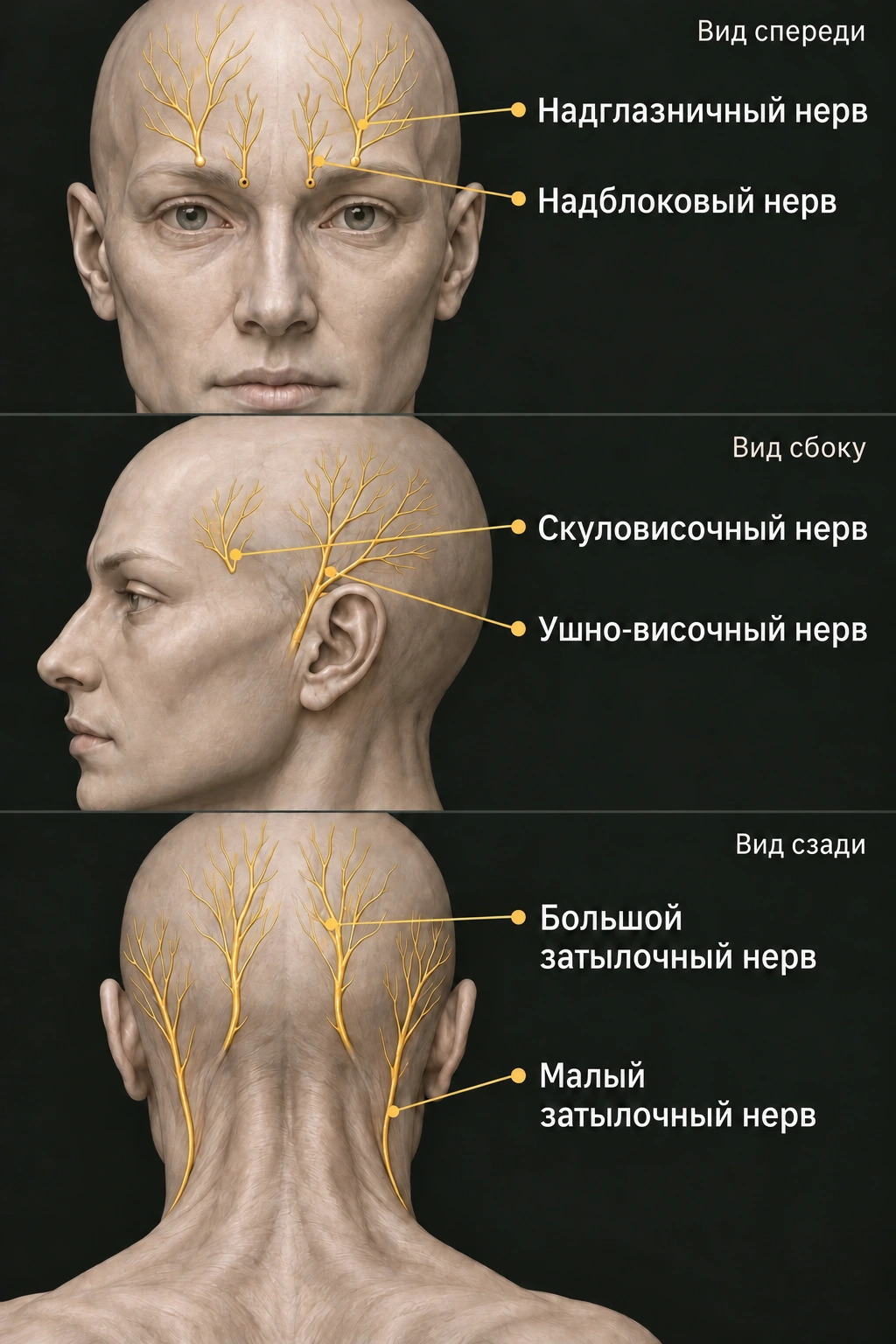 Надглазничный и надблоковый нервы на виде спереди; скуловисочный и ушно-височный — на виде сбоку; большой и малый затылочные — на виде сзади.